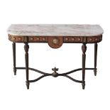 A Louis XVI style console table, ebonized mahogany and pink marble / alabaster top, probably British