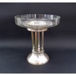 An Art Deco cut crystal bowl in silver plated epergne, colourless glass, of shallow dish form, the