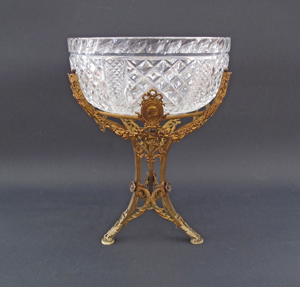 A French Empire probably Baccarat cut crystal bowl in a gilt bronze epergne, colourless glass, of - Image 3 of 13