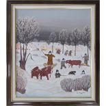 Desa Petrov Morar (Serbia 1946- ) Winter snowy landscape with children. Signed and dated 1996.