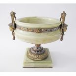 A French green onyx, gilt bronze and champlevé enamel centerpiece. The circular bowl flanked by a