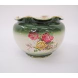 A ceramic ovoid jardiniere decorated with transferprints, green undulating rim with gold line H15cm,