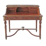 A Louis XVI style bureau de dame, carved walnut, quarter veneered top above three frieze drawers,
