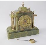 A French green onyx mantle clock of Grecian architectural form with applied brass mounts, late