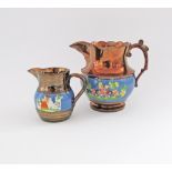 Two Staffordshire copper lustre jugs with handmade colourful relief decorations on blue bands, c19th
