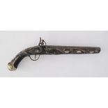 A flint lock pistol with brass, silver and mother of pearl inlays - restorations L43cm