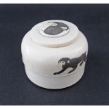 A Japanese round carved ivory scrimshaw pill box, c19th century, engraved with monkeys, weight