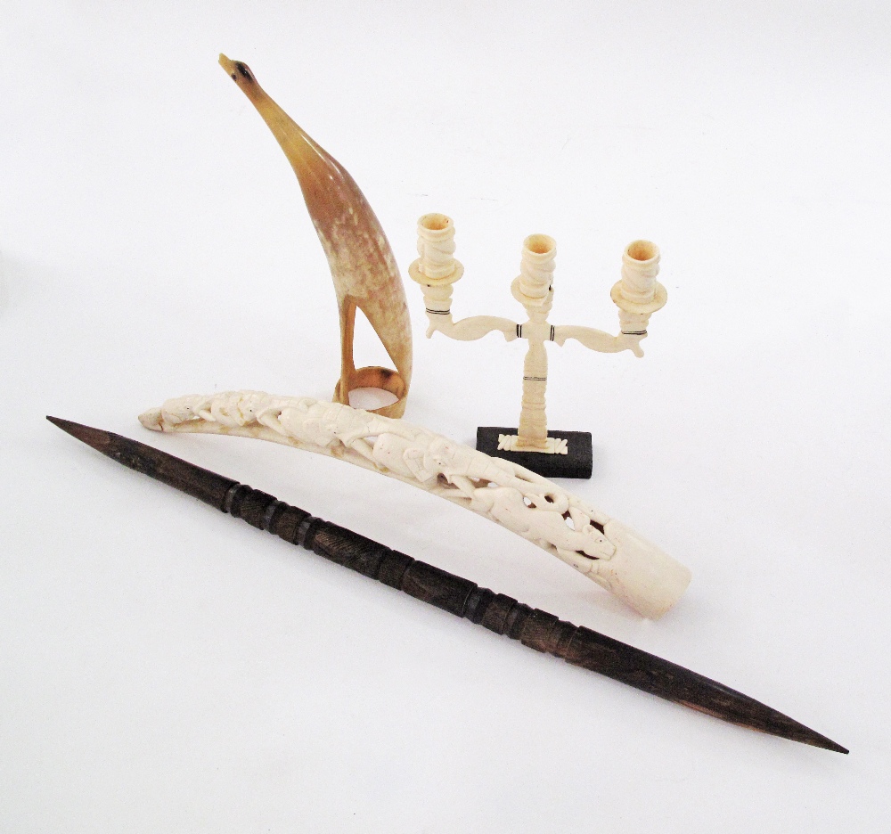 An African elephant ivory tusk carved with elephants L49cm, weight 587g (damaged), together with