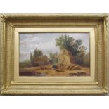 19th Century miniature Oil Painting, Busy Farm in a Landscape. Probably Danish School, 25X40cm,