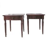 A pair of mahogany veneered side tables, with one frieze drawer on turned fluted legs. Cyprus made