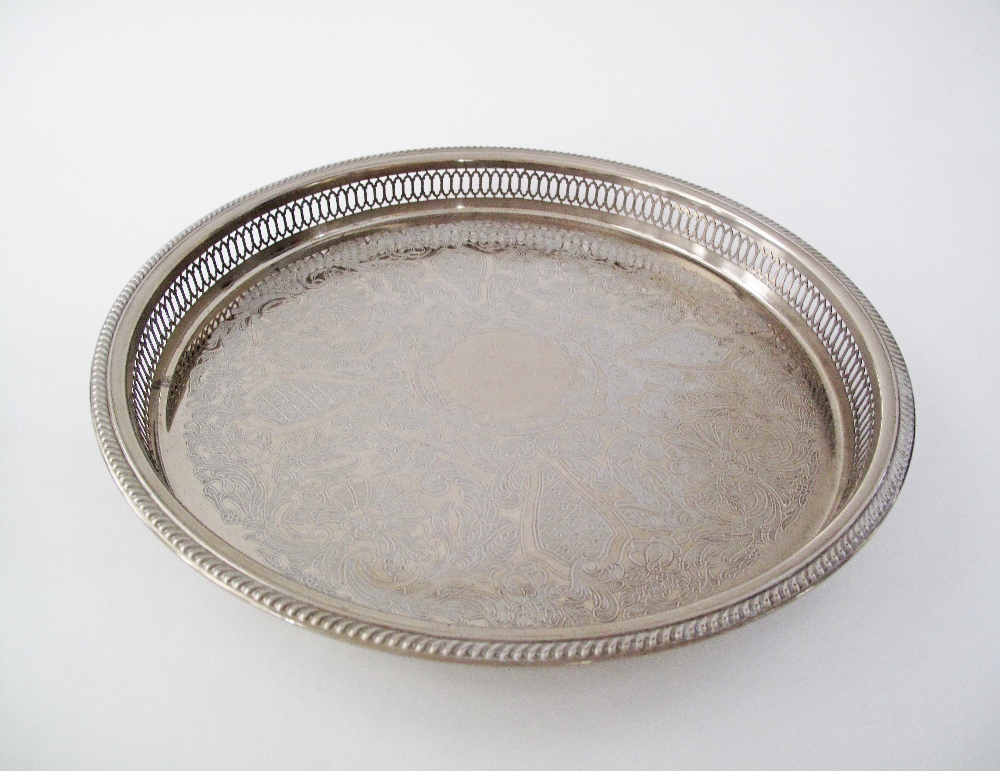 A silver plated tea set in a round pierced galleried tray W39cm, together with a pair of silver - Image 2 of 9