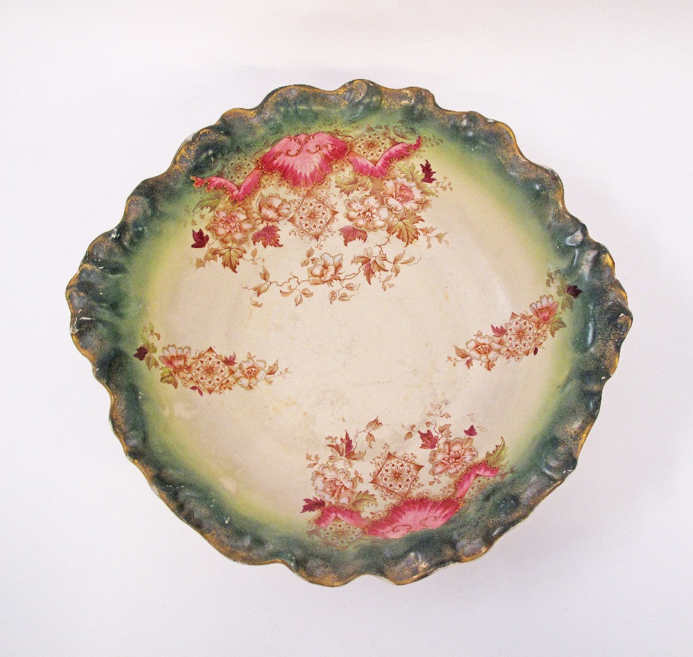 A large fruit bowl with dark green undulating rim and transferprint flower decorations. Marked - Image 3 of 7