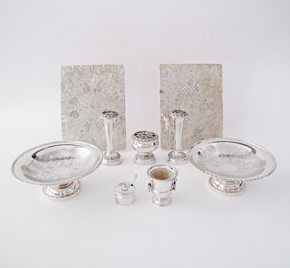 A collection of silver plated dinner table accessories comprising a pair of hot plate coasters, a - Image 2 of 4