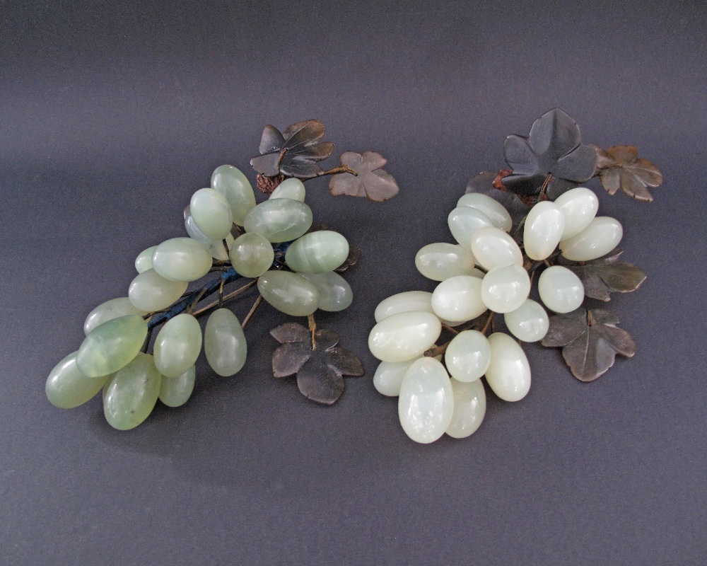 Chinese Jade natural stone two clusters of Grapes with brown colour stone leaves, approx. L20cm,