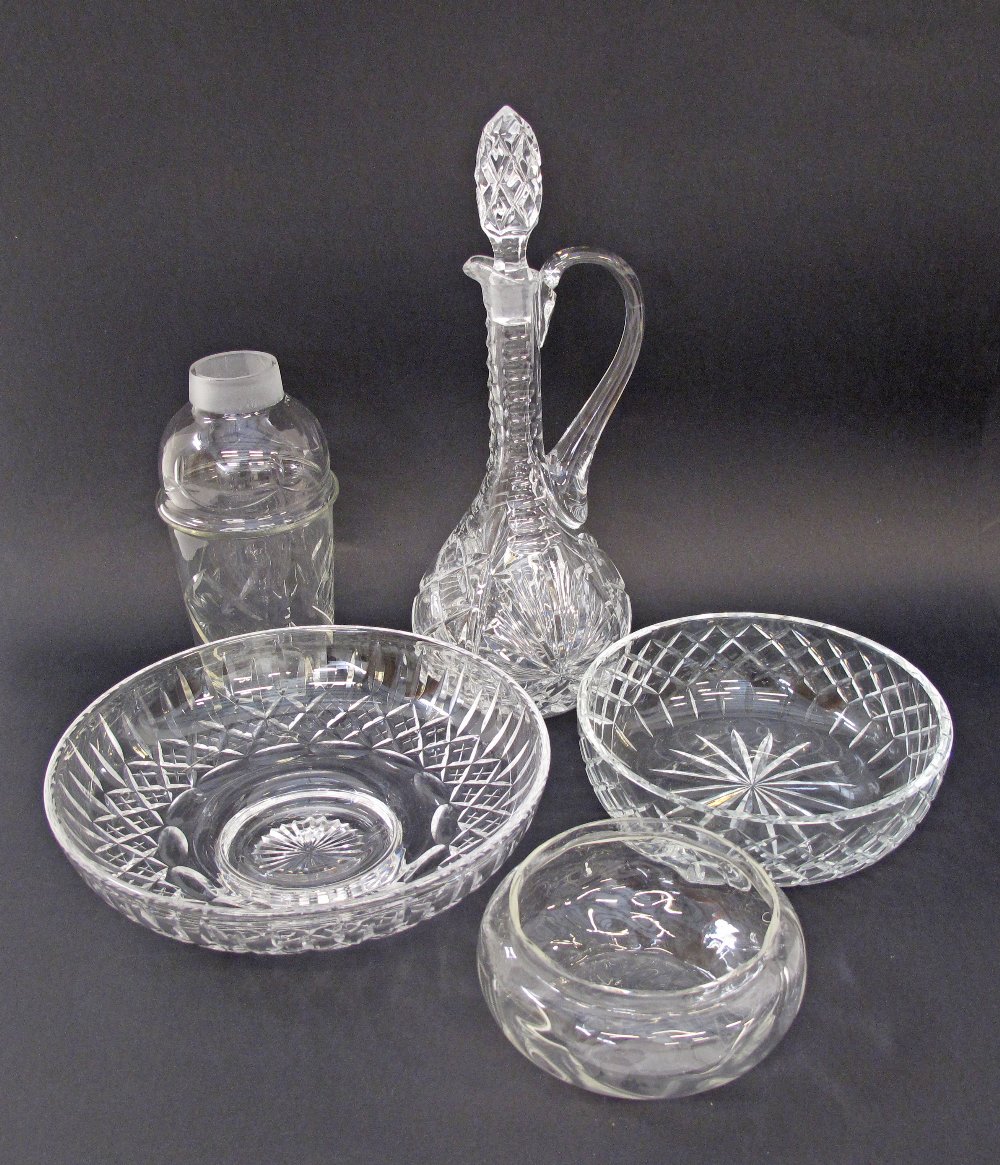 A collection of cut glass comprising three bowls, a bottle and a pitcher with stopper H36cm. (6) - Image 2 of 2