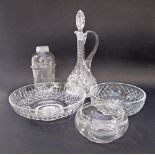 A collection of cut glass comprising three bowls, a bottle and a pitcher with stopper H36cm. (6)