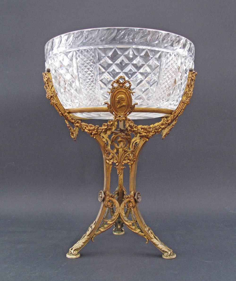 A French Empire probably Baccarat cut crystal bowl in a gilt bronze epergne, colourless glass, of - Image 2 of 13