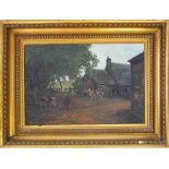 English School - Landscape painting of a farm with cows 41X59cm in a gesso gilt wood frame 60X78cm.