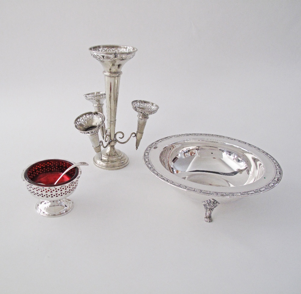 A c19th century silver plated epergne with three branches and trumpet shaped vases with pierced rims