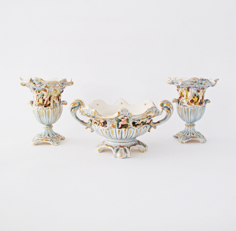 A garniture of three vintage Italian Capodimonte porcelain vessels marked pattern 1366 / 27 and