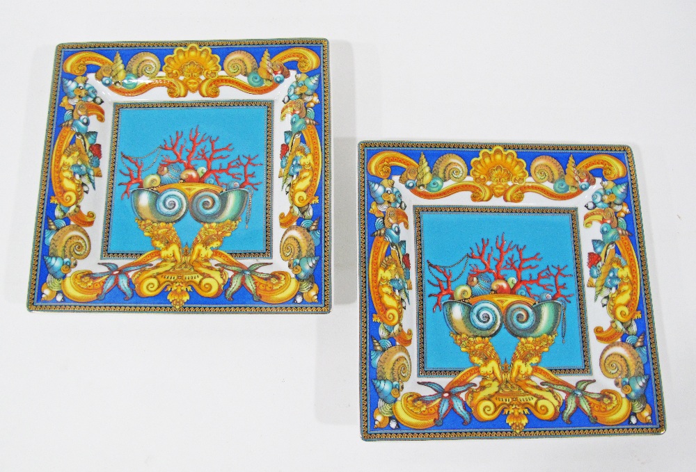 A pair of Versace square porcelain ashtrays - from "Les Tresors de la Mer" pattern