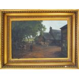 English School - Landscape painting of a farm with cows