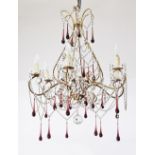 A gilt metal six branch hanging chandelier