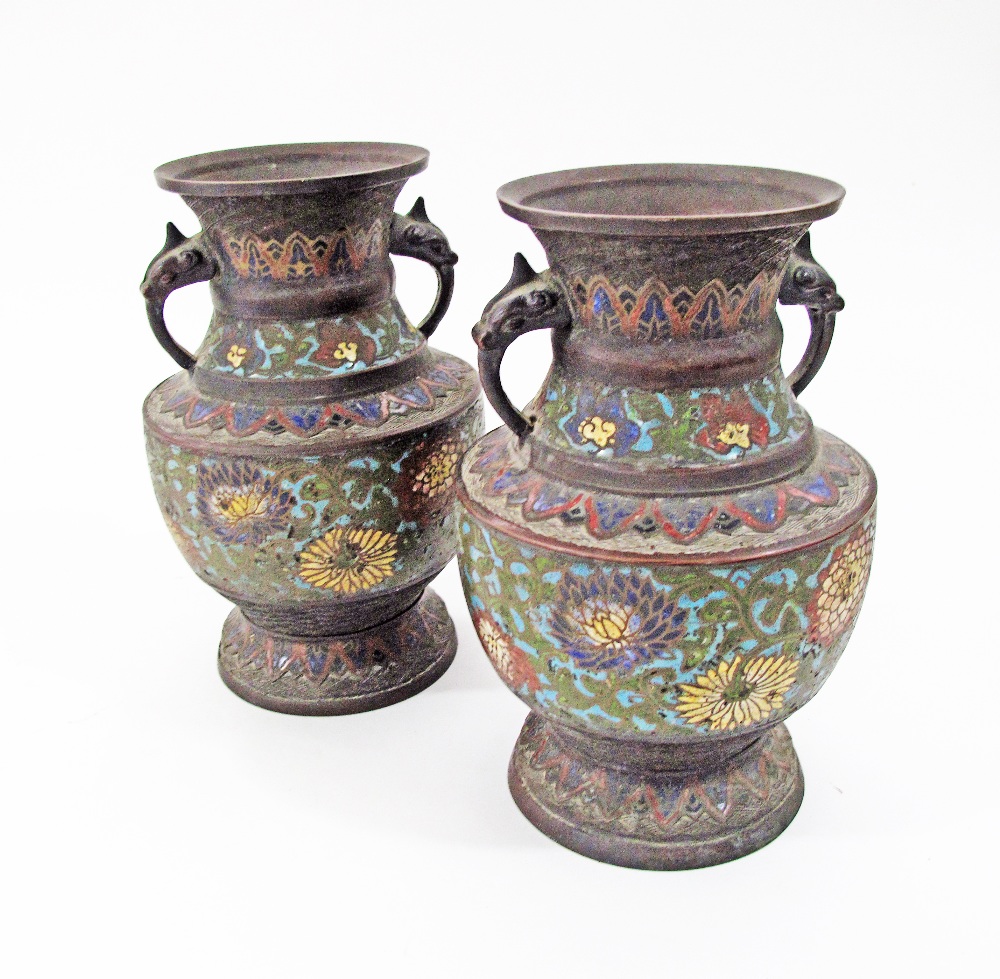 A 20th century pair of Japanese champleve bronze vases