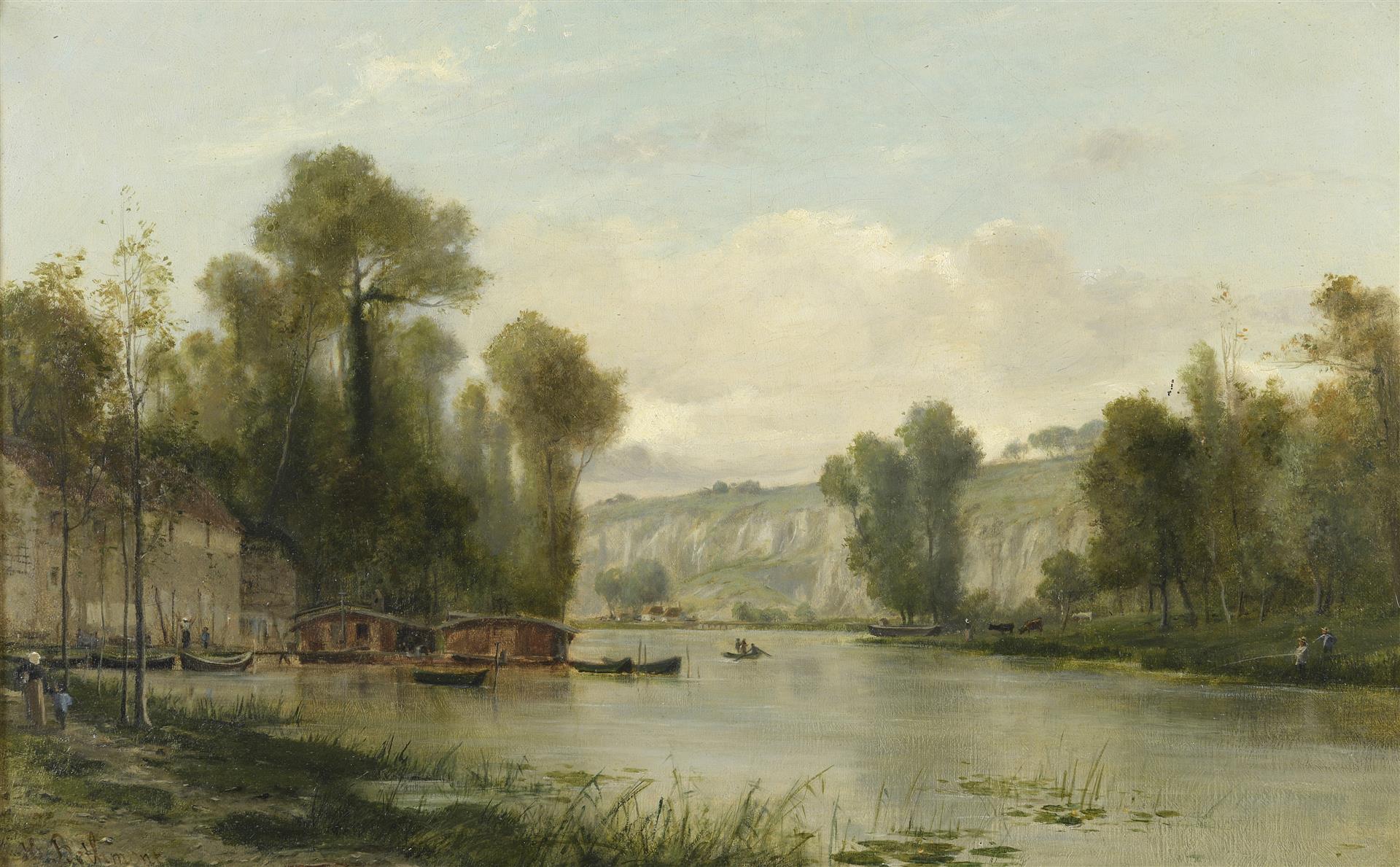 Charles Henri BETHMONT (XIXe siècle). Barque et cabane de pêcheurs. Huile sur [...]