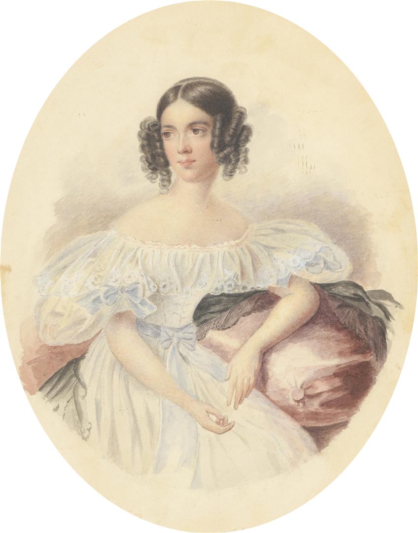 École française fin XIXe siècle. Jeune femme accoudée. Aquarelle à vue ovale. [...]