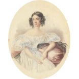 École française fin XIXe siècle. Jeune femme accoudée. Aquarelle à vue ovale. [...]