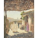 R. JANIOT, début XXe siècle. Sous les canisses à Fez. Huile sur carton. Signé en [...]