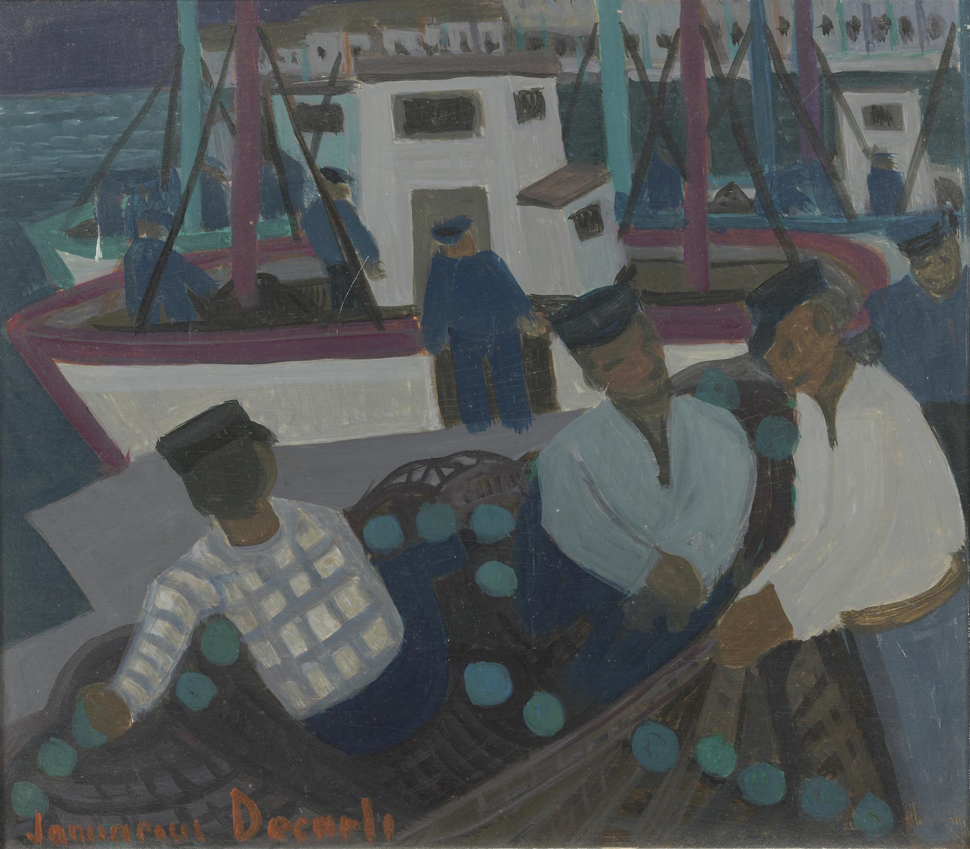 Albert Joseph JANUARIUS DI DÉCARLI (1907-1996). Les pêcheurs. Huile sur panneau. [...]