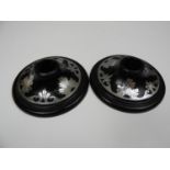 2x Black Bakelite Candle Holders - with Inlaid Silver Boule Work