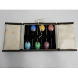 Boxed Set of 6x Sterling Silver, Guilloche Enamelled Coffee Spoons with Bakelite Coffee Bean