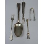 Georgian Silver Tablespoon, Silver Sugar Nips and 3x Silver Pickle Forks