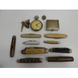 Quantity of Pocket Knives, Brass Corkscrew, Fob Watch and Keys etc