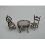 3x Silver Miniatures: 2x Chairs and a Table, all English Hallmarked - One Chair with Import Marks