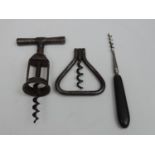 3x Antique Corkscrews - A Triangular Folding Bow, a Perfume Corkscrew with a Wooden Handle and a