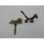 2x Art Deco Figural Dog Corkscrews, the Seated Dog with a Full Fluted Wire Helix Worm and the