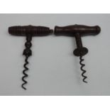 2x Antique Button Corkscrews with Coco Bolo Wooden Handles, Both c1840 - One has a Tulip Shaped Cork