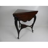 Edwardian Mahogany Triangular Drop-Flap Table with Carved Detail on Caster Feet - 29" high