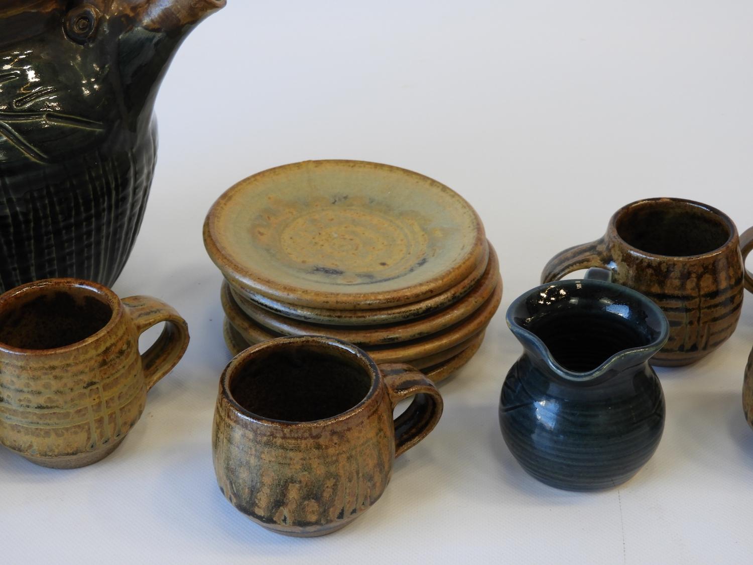 Devon Studio Pottery - A Teapot and Milk Jug Marked ‘TP’, in Green together with 6x Coffee Cups - Image 2 of 4