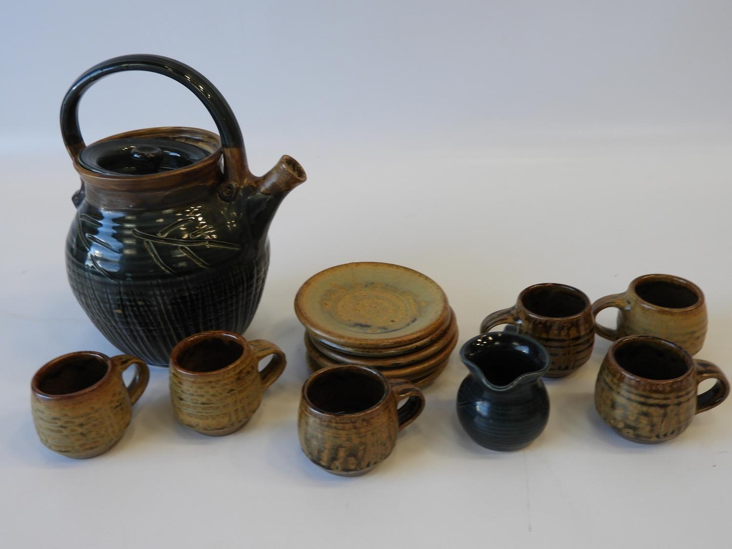 Devon Studio Pottery - A Teapot and Milk Jug Marked ‘TP’, in Green together with 6x Coffee Cups