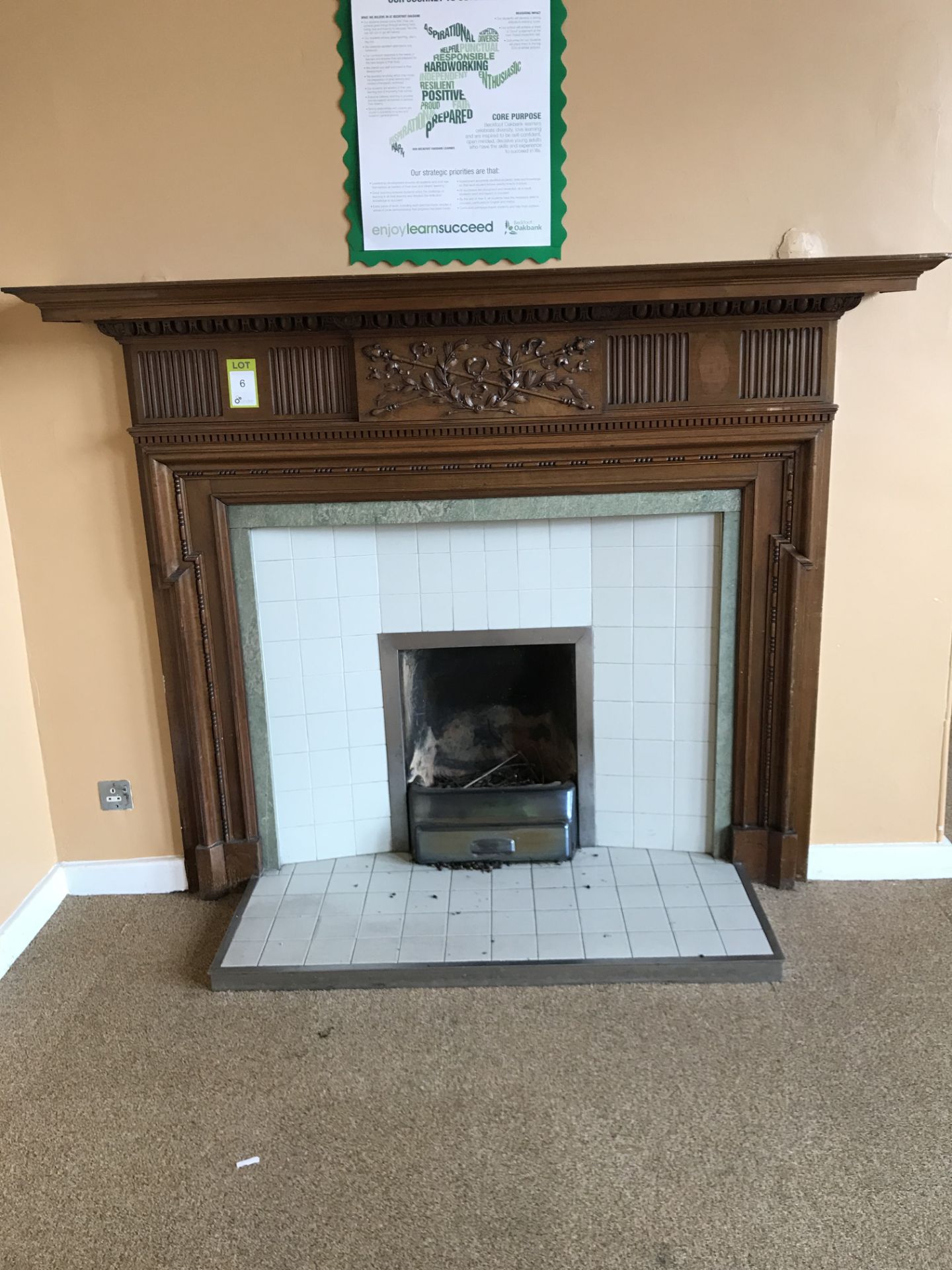 Period oak Fireplace with tile hearth and back (located in ground floor Meeting Room)