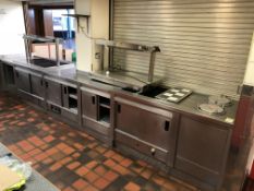 Stainless steel Servery, 4850mm x 850mm, with twin drop in plate dispensers, 3 heated cabinets, 1
