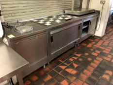 Stainless steel Servery, 3000mm x 850mm, with heated cabinet, twin drop in plate dispensers (located