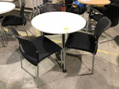 Chrome framed circular Breakout Table, 800mm diameter, with 3 Boss chrome framed meeting chairs