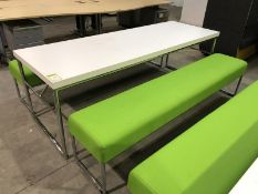 Chrome tubular framed Meeting Table, 2300mm x 750mm, with 2 Allermuir upholstered bench seats