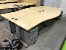 Beech effect 4-person Desk Cluster, comprising 4 wave desks 1800mm x 1000mm, 4 steel 3-drawer mobile